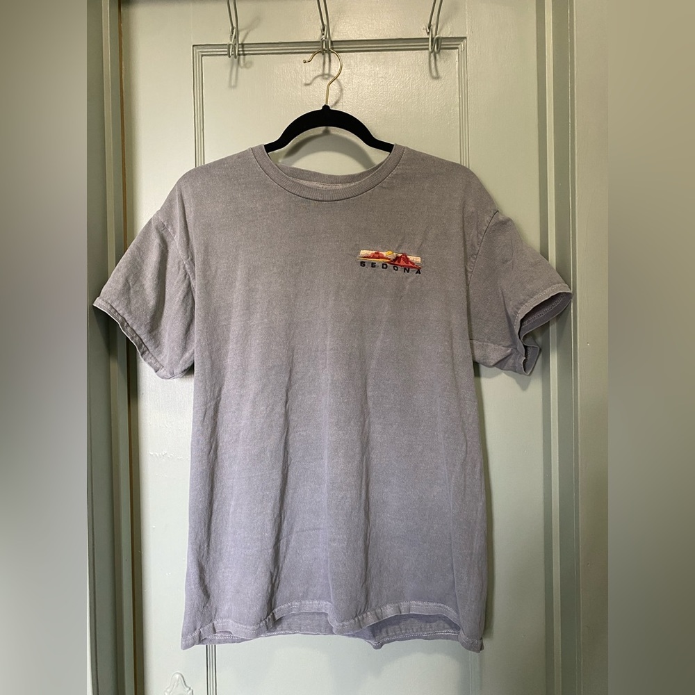 Embordered Sedona AZ Tee - Sage/Gray with Orange Embordered Detail - Size L